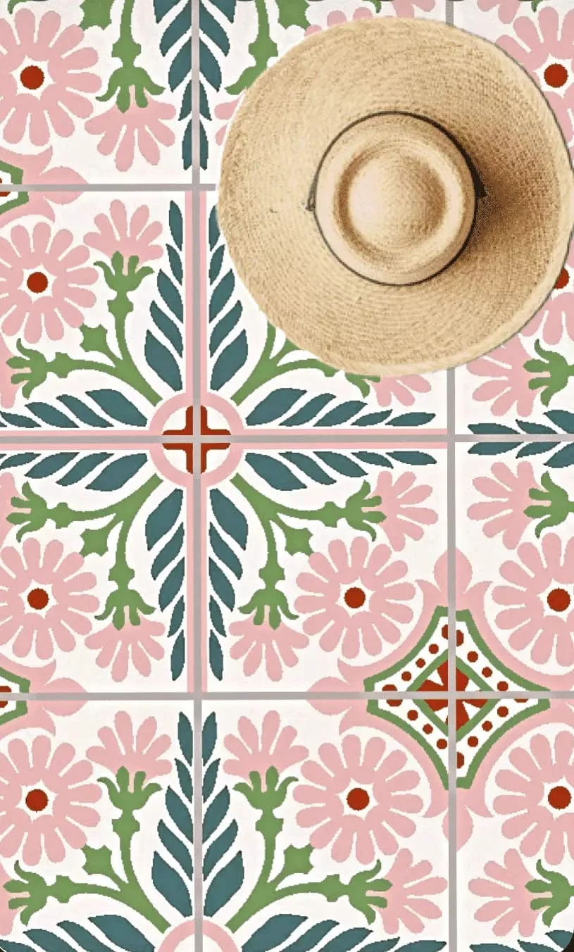Baldosa hidráulica - Mosaico Floral Antique Floral Verde y Rosa