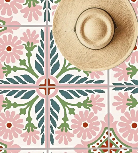 Baldosa hidráulica - Mosaico Antique Verde y Rosa cuadrada