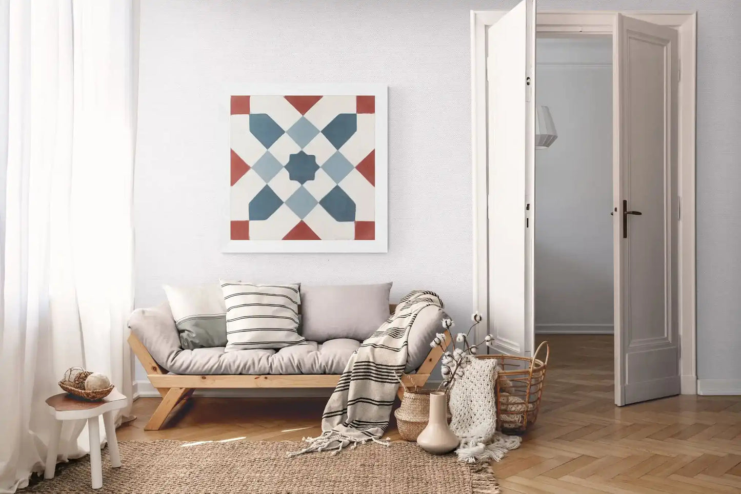 Baldosa hidráulica - Mosaico Córdoba Rojo y Azul en cuatro Salón