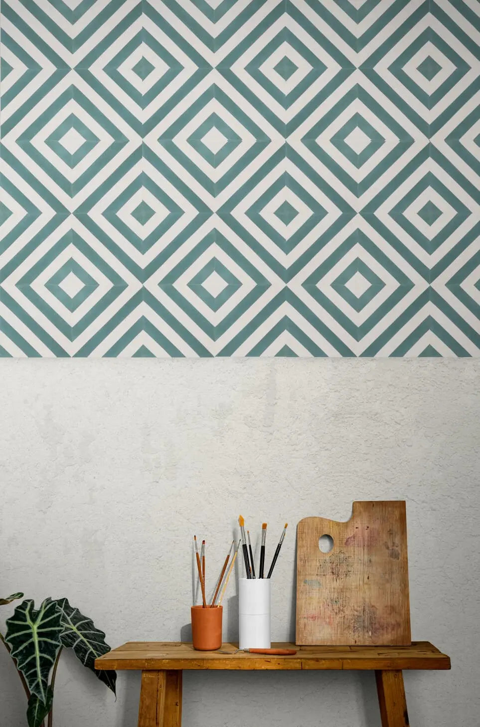 Baldosa hidráulica - Mosaico Diagonal Verde y Blanco en Pared