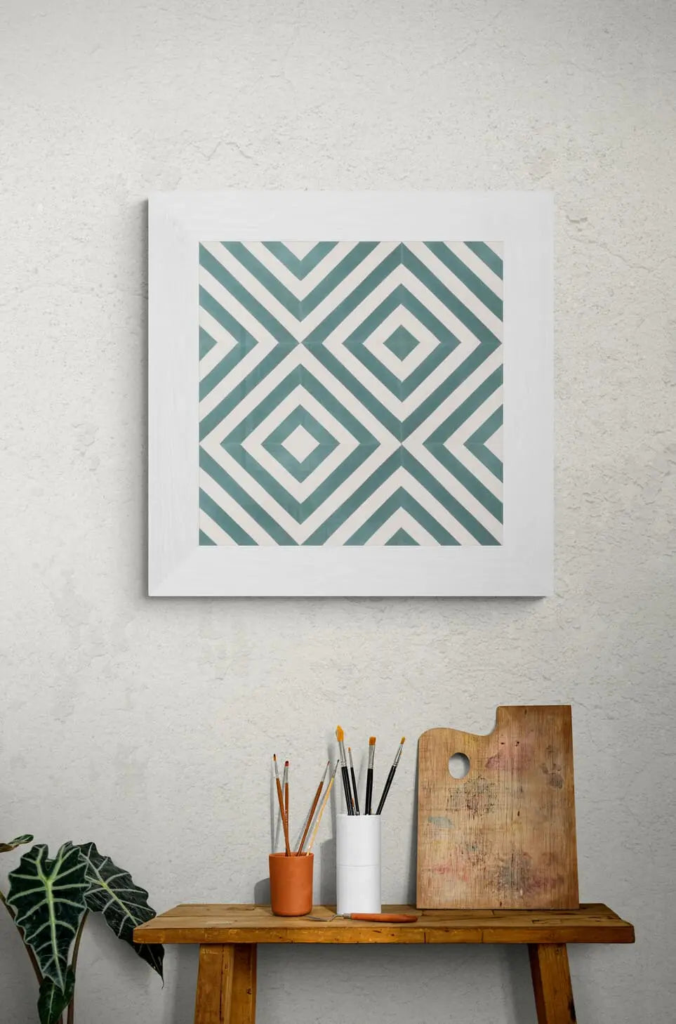 Baldosa hidráulica - Mosaico Diagonal Verde y Blanco en Cuadro