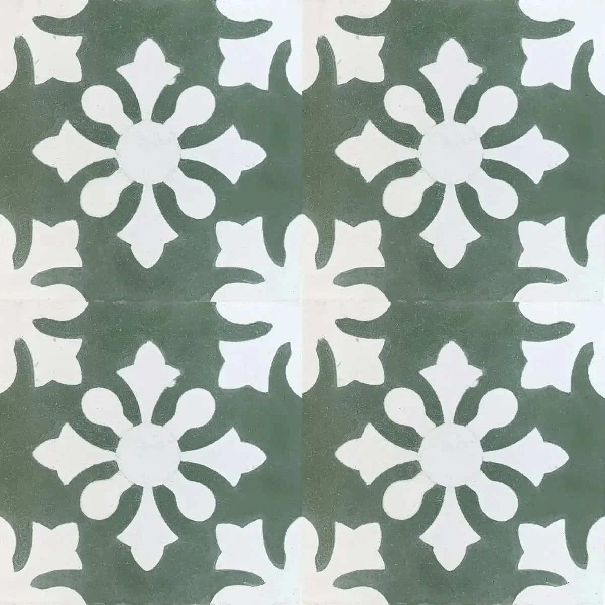 Baldosa hidráulica - Mosaico Flor Verde y Blanco en Cuatro