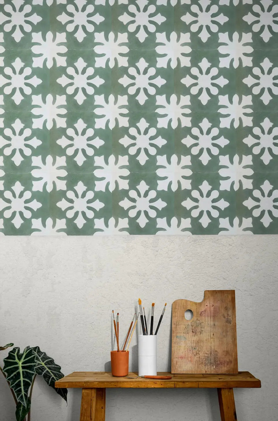 Baldosa hidráulica - Mosaico Flor Verde y Blanco en Pared