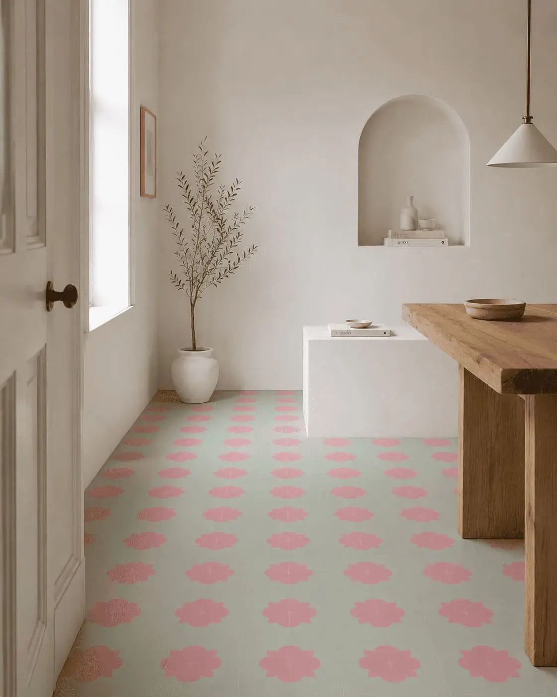 Baldosa Hidráulica 06 - Mosaico Floral Verde y Rosa | DLM Mosaico