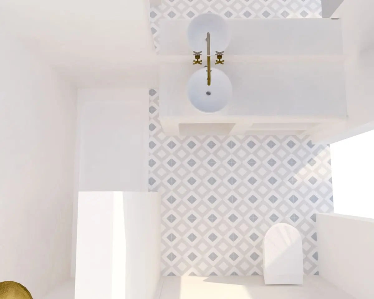 Baldosa hidráulica - Mosaico Giz Gris y Blanco - Render cuarto de baño