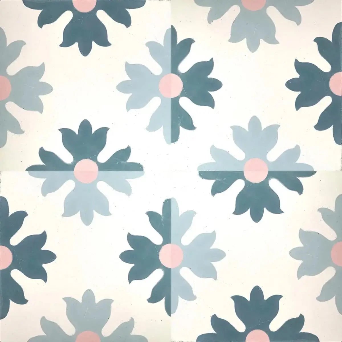Baldosa hidráulica - Mosaico hidráulico primavera flores azules y rosa en cuatro