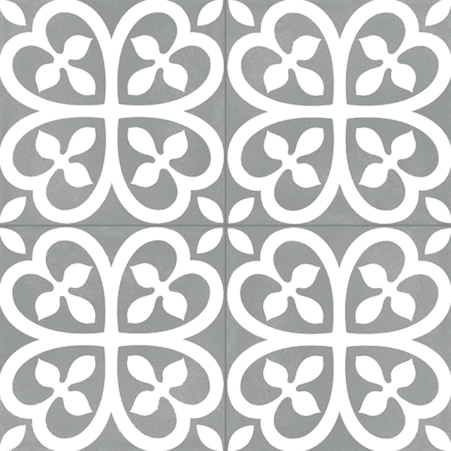 Baldosa Porcelánica - Modelo Floral Gris en cuatro.