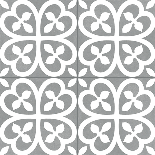 Baldosa Porcelánica - Modelo Floral Gris en cuatro.
