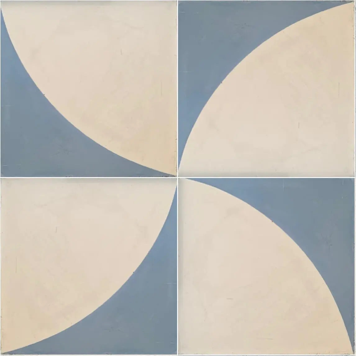 baldosa hidráulica mosaico diseño circulo floral blanco roto y azul grisáceo