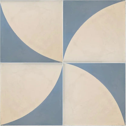 baldosa hidráulica mosaico diseño circulo floral blanco roto y azul grisáceo