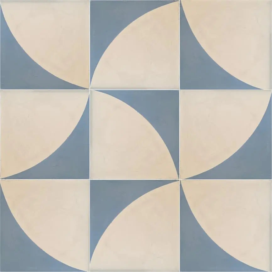 baldosa hidráulica mosaico semicirculo floral blanco roto y azul grisáceo