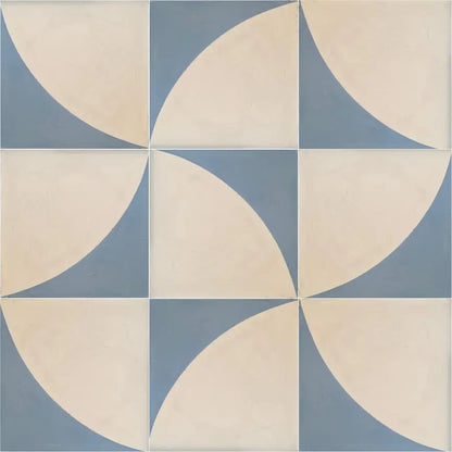 baldosa hidráulica mosaico semicirculo floral blanco roto y azul grisáceo