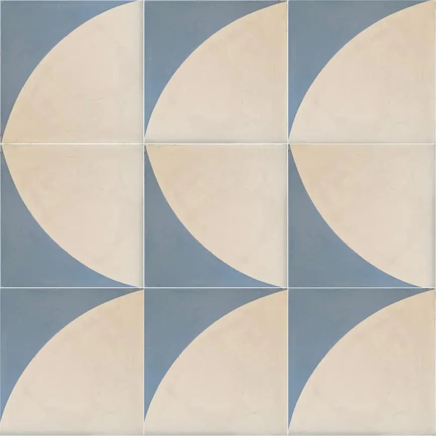baldosa hidráulica mosaico semicirculo floral blanco roto y azul grisáceo