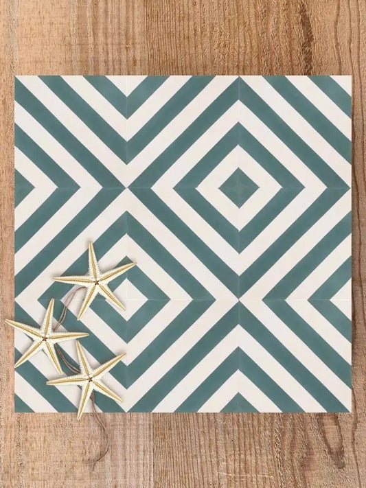 Baldosa hidráulica - Mosaico Diagonal Verde y Blanco 