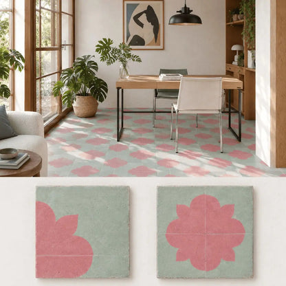 Baldosa Hidráulica 06 - Mosaico Floral Verde y Rosa | DLM Mosaico